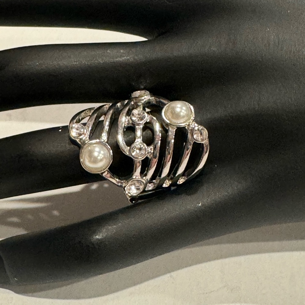 Elegant CZ and Faux Pearl Statement Ring - One Size Stretch Back
